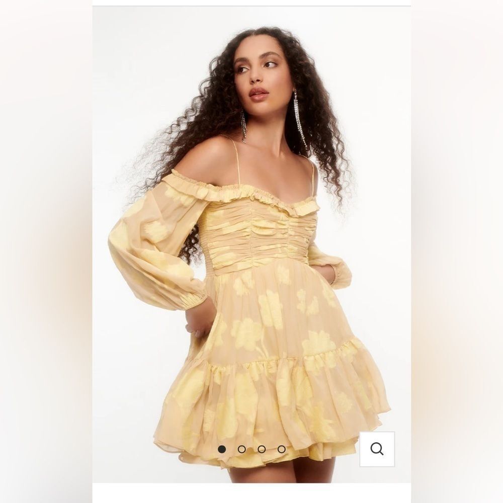 Love shack fancy, Zennia Off-Shoulder Silk Mini Dress Color:
DAISY YELLOW